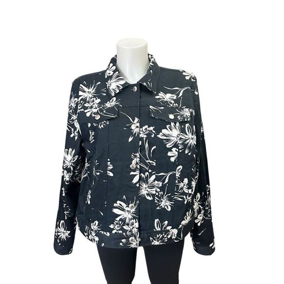 Chaps Women's‎ Stretchy Casual Black White Floral Buttoned Jean Jacket size XL - Picture 1 of 7